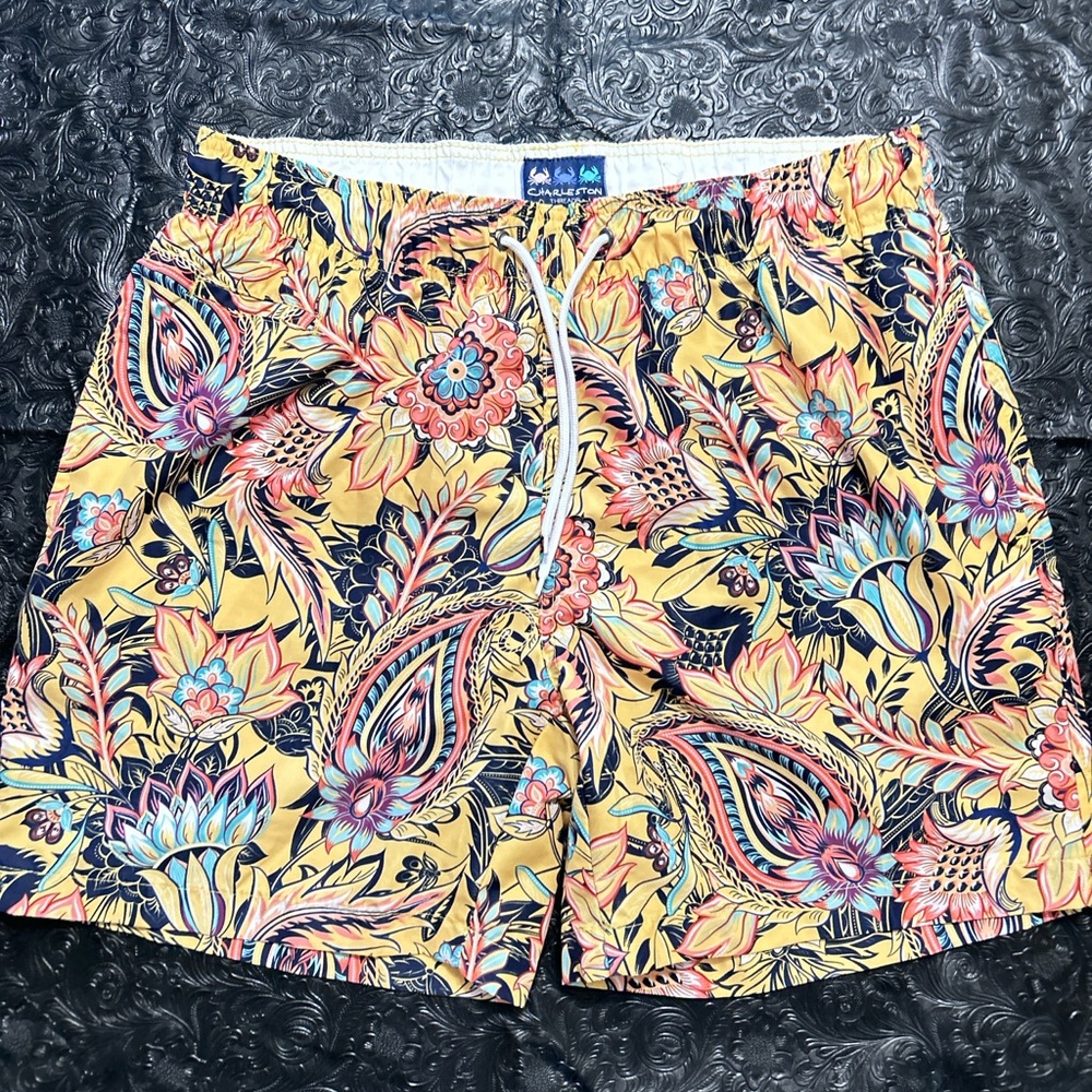 Charleston Threads Tropical Yellow and Blue Paisley Swim Trunks Size XL
